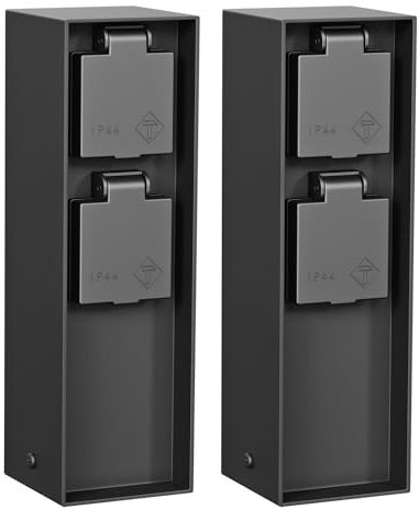 ledscom.de 2 pz. presa da giardino a colonna POKU per esterni, IP44, 2 vie, plastica, nero, quadrato, 23 cm