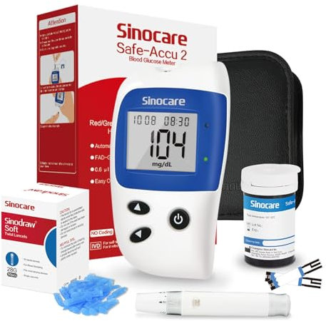 Sinocare Medidor de Glucosa en Sangre, Glucometro, Kit de 25 Tiras Reactivas para Prueba Glucosa en Sangre (Safe-Accu2)