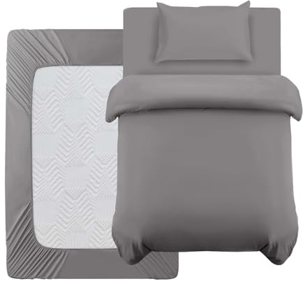 Oxford Homeware Single Duvet Cover Set Grey Brushed Microfiber 3 Piece Single Bedding Set with Fitted Sheet and Pillowcase Soft Breathable Duvet Cover Sets