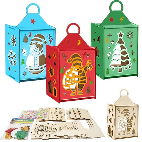 MONCAP 3 STK Weihnachten Basteln Kinder Weihnachten Laterne Bastelset Holz Weihnachten Teelichthalter zum Bemalen Weihnachten Deko Kreativset für Jungen Mädchen Weihnachten Party Geschenk Kreativ DIY
