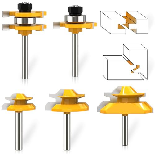 45 Degree Lock Miter Router Bit 1/4 Inch Shank Lock Miter Woodworking Tools Set 1/2 9/16 3/4 Cutting Height, Tongue and Groove Router Bits Set 3 Teeth T Shape Wood Milling Cutter Woodworking Tool