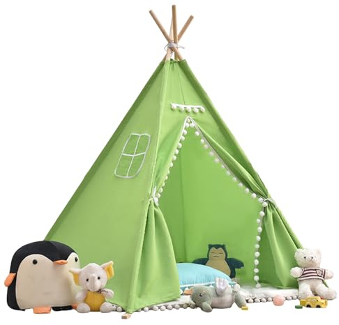Tipi - Tienda de campaña con Bola de Fieltro, 120 x 120 x 160 cm, Tienda de campaña para Lectura y Sala de Juegos, Color Verde