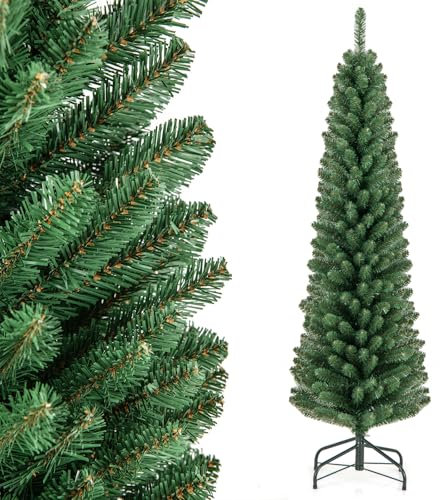 COSTWAY 150cm Bleistift Weihnachtsbaum, künstlicher Tannenbaum mit 295 Zweigespitzen & Metallständer, Christbaum schmal, Kunstbaum Weihnachten für Zuhause, Büro (150cm)