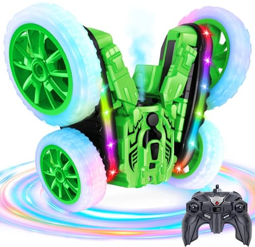 MidiVix Ferngesteuertes Auto, 360°rotierende 4WD RC Autos mit Seitenlichtern und Scheinwerfern, 2.4Ghz Doppelseitig RC Stunt Car mit Spray, RC Drift Spielzeugauto und Geschenke für Kinder (Grün)