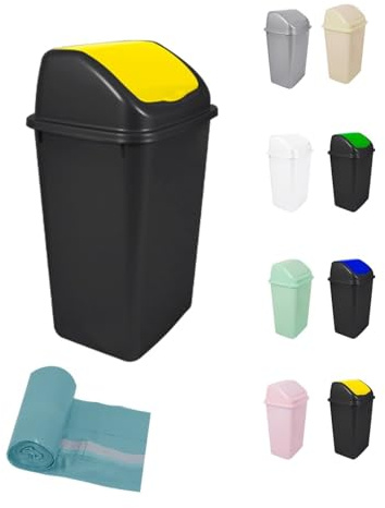 Jardin202 - Cubo de Basura con Tapadera Basculante - 30/50 Litros - Ideal para Hogar y Oficina | 50 L + Bolsas (Amarillo - Negro)