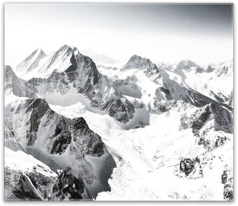 Küchenbild aus Acrylglas modernes Wandbild Glasbild Deko Küche XXL Bild wie Glas | 60x52cm Schwarz-Weiß Alpen Panorama – Schneeberge, Winterlandschaft, Berge