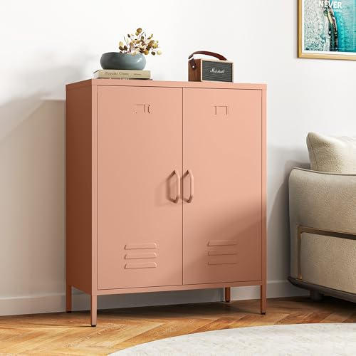 Bekrvio Kommode Optimierter Belüftung – Metall Sideboard mit Doppeltür, Metall Kommode verstellbaren Regalböden, stabil & langlebig, mit durchdachter Anleitung,Mehrzweckschrank (Rostrot)