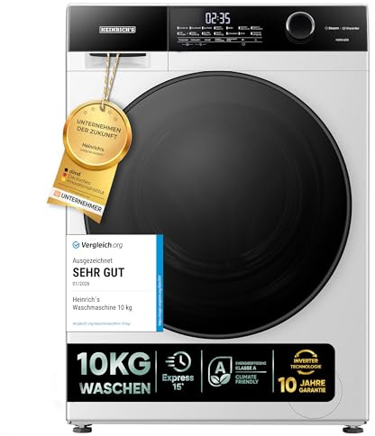 Heinrich´s Waschmaschine, Steam-Funktion, 10kg Mega Kapazität, 15 Programme, 1400 U/min., Aqua-Stop, LED-Display, Endzeitvorwahl, mit Kindersicherung, langlebiger und leiser Inverter Motor,Weiß