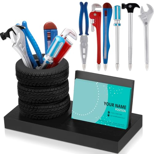 Feifeiya 7 Pcs Tire Pen Holder Tire Shape Funny Desk Accessories Include 6 Pcs Novelty Tool Car Business Card Holder Gift for Men Father's Day Mechanic Car Lover Salesman(Black,Wood)