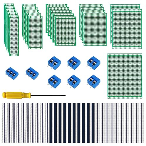 GTIWUNG Circuit Imprimé Double Face Kit, 22 Pièces PCB Prototype Boards Universelles 2 * 8/3 * 7/4 * 6/5 * 7/6 * 8/7 * 9CM, 30 Pièces Fiches Mâle/Femelle, 8 Pièces 2/3 Broches Bornier à Visser 2.54mm