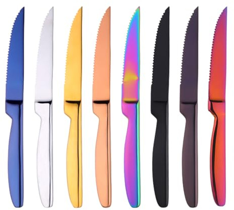 SBOMHS Edelstahl Steakmesser set 8-teilig bunt Scharfe Steakmessers mit Wellenschliff dicker Handgriff Küchen Steakbesteck Messer 8 Farben Länge 22CM(8.66 Inches)