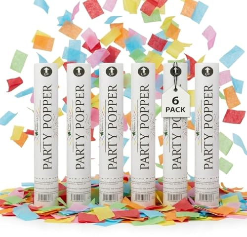 Clover Products Confetti Poppers Premium Large Confetti Cannon – 6 Pack Multicolor Poppers for Weddings, Birthdays & Events Air-Powered, Safe & Shoots 25 Feet for Indoor & Outdoor Celebrations