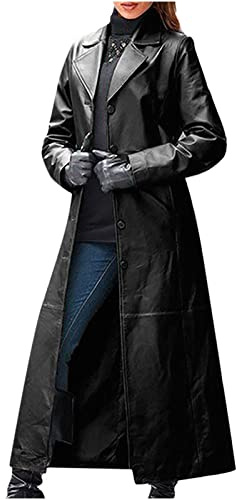 Huoghebg Ledermantel Damen Schwarzer Langer Elegant Trenchcoat in Voller Länge Kunstlederjacke Mantel Kunstledermantel Reverskragen Knopfleiste Steampunk PU Mantel Gothic Sexy Übergangsjacke