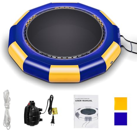Oryxearth Aufblasbarer Wassertrampolin mit Leiter, wasserdichte, Abriebfeste, Wassertrampoline 3,04 m, mit Seilleiter, Sprungplattform-Wasserpark Pool Trampolin, Blau-Gelb, 100kg Belastung