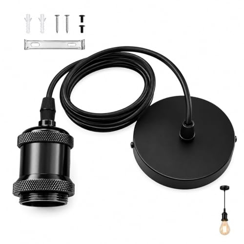 Ceiling Pendant Light Fitting Kit with Braided Flex Ceiling Light, E27 Screw Lamp Holder with 100cm, Black Metal Ceiling Rose Pendant, Ceiling Light Fitting for Kitchen, Bedroom, Dining Room