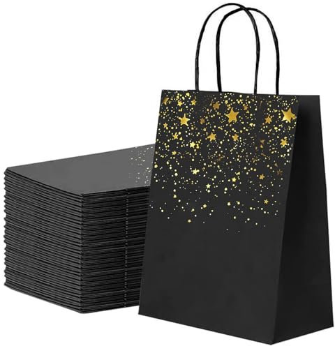24 Stück Geschenktüten Klein - Geschenktüten Papier 21×15×8cm, Papiertüten mit Henkel Schwarz Bronzing Geschenktütens mit Goldenes Sternmuster Papiertüten für Hochzeit Geburtstag Weihnachtstag Schwarz