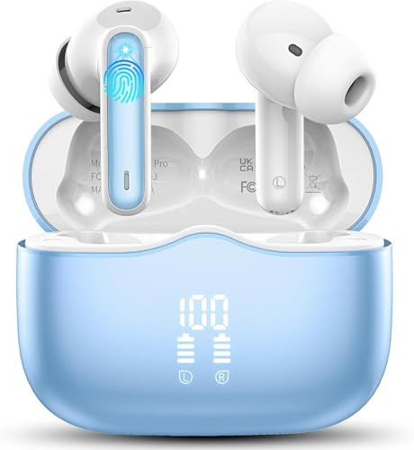 Bluetooth Kopfhörer, Kopfhörer Kabellos Bluetooth 5.3 In Ear Kopfhörer mit 4 ENC Mic, Kabellose Kopfhörer Tiefer Bass 40Std Wireless Earbuds Noise Cancelling, IP7 Wasserdicht, LED-Anzeige, Blauer See