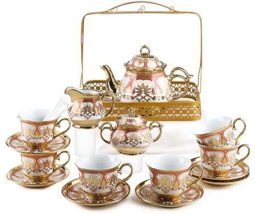 TeamSky Ensemble de 22 tasses à thé vintage en porcelaine pour 6 personnes, service à thé de l'après-midi, comprend une théière de 1 050 ml, une tasse à thé de 200 ml, une soucoupe, un pot à sucre, un