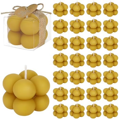 30er Set Bubble Kerzen Gastgeschenke - Mini Würfelkerzen aus Sojawachs mit Herz-Anhängern & Juteschnur - Handgefertigte Deko für Hochzeit, Babyshower, Taufe, Kommunion & Geburtstag - Champagner