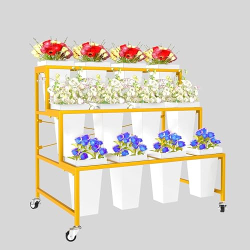 Lhysn Blumenständer, 3-stöckig, Metall-Pflanzenständer mit 12 Kunststoff-Blumeneimern, beweglicher, robuster Blumenwagen, Blumenregal für drinnen und draußen, Terrasse, Garten, Wohnzimmer, Florist