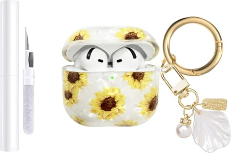 AIIEKZ Compatible with AirPods 4 Case Cover 2024,Soft TPU with Shell Pattern for AirPods 4th Generation Case with Pearl Shell Keychain and Cleaning Kit for Girls Women (Sunflower)