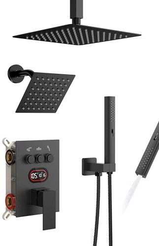 Push Button Diverter Shower Faucet Set Hydro Power Temperature Display, Shower System Ceiling Mounted 10 & Wall Mounted 6 Shower Head with 3-Spary Handheld, Matte Black
