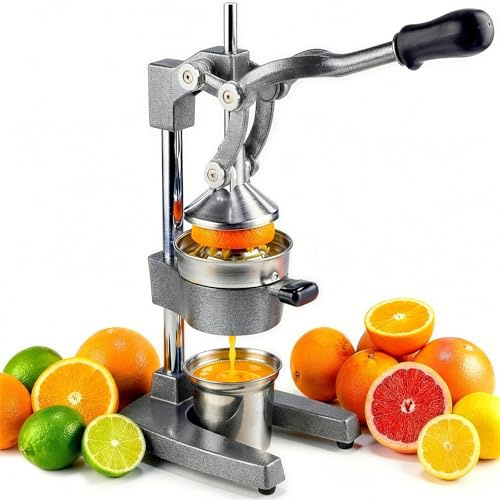 ABAPIC Cast Iron Juicer Hand Press - 13.8LB Heavy Duty Manual Citrus Orange Squeezer, 304 Stainless Steel Cup & Strainer, Professional Lemon Grapefruit Pomegranate Press for Home Bar Kitchen, Grey