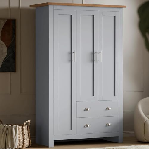 Blisswood 3 Door Bedroom Wardrobe with 4 Shelves and Hanging Rail, Modern Wooden Clothes Organiser, Large Storage Cupboard Unit with 2 Drawers, Triple Wardrobe for Bedroom Furniture (Grey & Oak)