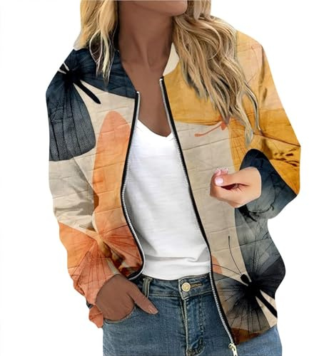 Genérico Chaqueta Bomber Mujer Entretiempo,Chaquetas Casuales Para Mujer Ligeras Estampadas De BéIsbol Con Cremallera Y Bolsillos Ropa De Calle Elegante Y CóModa Para Uso Diario