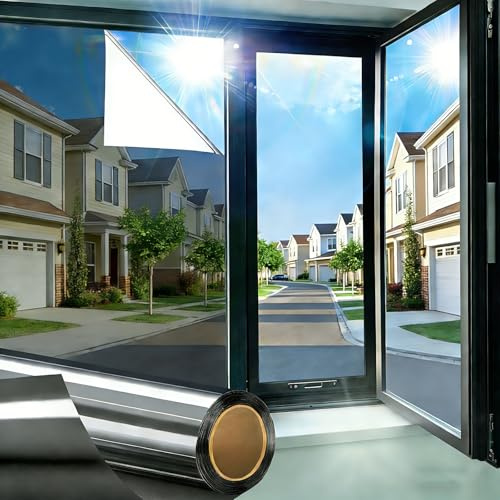 KRAFEN Sichtschutzfolie Fenster, Spiegelfolie selbstklebend, Sichtschutz bei Tag, UV-Schutz und Hitzeschutz, Sonnenschutzfolie rückstandslos entfernbar, Silber, 45 x 200 cm (Schwarz, 45 * 200CM)