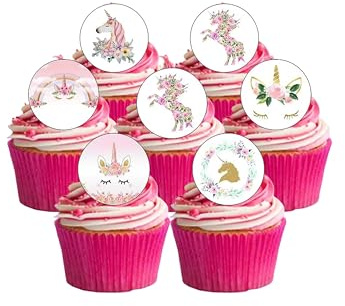 24 PRE CUT Beautiful Unicorn Flowers Themed Edible Wafer Paper Round Cake Toppers Decorations