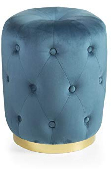 Montemaggi Pouf Trapuntato cilindrico in Velluto Base Dorata Stile Glam Blu 36X36X47 cm