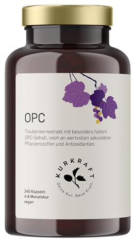 Kurkraft Premium OPC Kapseln (240 Stück) - 1100mg Traubenkernextrakt mit 770mg OPC je Tagesdosis (HPLC) - französische Weintrauben - Vegan - ohne Zusatzstoffe - Deutsche Produktion