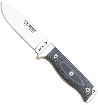 Cudeman Cuchillo 120-M MT-5 Hoja de Acero Inoxidable Böhler N-695 de 11 cm empuñadura de micarta Negra de 11,5 cm Funda de Cuero para Caza, Pesca, Supervivencia y bushcraft + Portabotellas Regalo