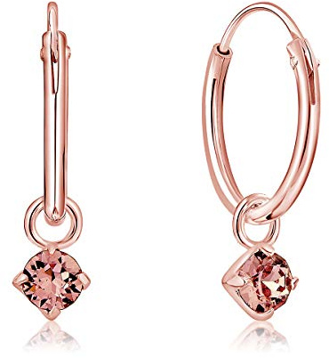 Orecchini a Cerchio - Argento 925 Placcato in Oro Rosa - Pendenti Rotondi con 3 mm Brillantini di Cristallo - Spessore : 1.2 mm - Diametro: 12 mm - Colore: Rosa Chiaro