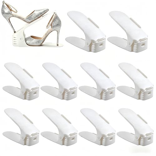 UrMsun Confezione da 10 portascarpe regolabili, organizer salvaspazio per scarpe a due piani, per tenere in ordine la scarpiera, colore Bianco