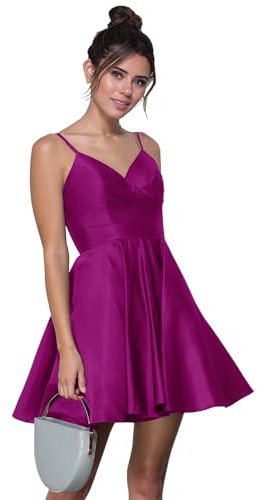 HSFIYAKJ Vestido corto de satén con cuello en V, tirantes delgados, con bolsillos, Fucsia, 20
