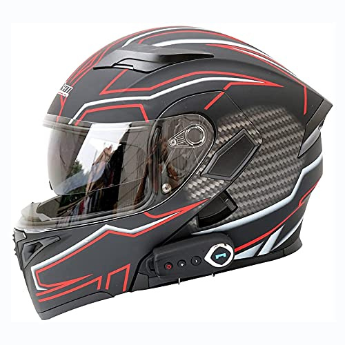 Bluetooth Modular Flip Up Front Motorcycle Helmet Double Visor Motorbike Moped Full Face Helmet DOT/ECE Approved Motocross Crash Helmet Built in FM Radio Auto Answer Noise Reduction,Black red,L