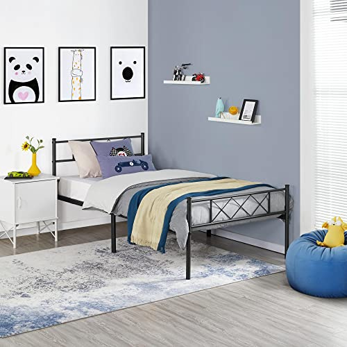 Topeakmart Metal Bed Frame Industrial Platform with Headboard Black Twin XL