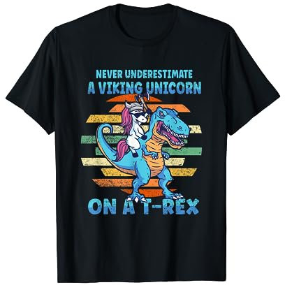 Odin & Nordmänner in Valhalla Wikinger-Einhorn auf T-Rex T-Shirt Schwarz Klein Unisex Klassisch geschnitten, Kurzarm, Polyester, Cartoon, Winter, 1 Count, 0 Taschen, Stretch, Männer, T-Shirt