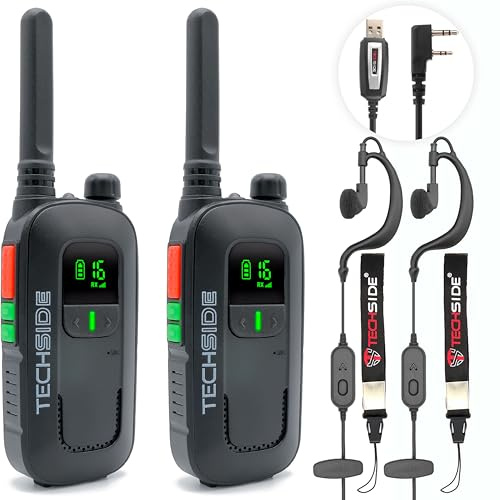 Techside TS-T2 Ricetrasmittente Professionale Walkie Talkie 16 Canali PMR446 (Libero uso) | Vox a 5 livelli | Scansione Automatica Canali | Set di 2 ricetrasmettitori full optional