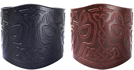 Läderrustning, medeltida armband viking handledsskydd Tors hammare läderarmband bred manschett bågskytte LARP kostym brun svart, Brunsvart