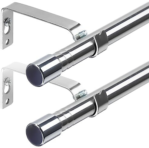 HARRMS Gardinenstange 2 Stück, 16mm Gardinenstangen Silber 76-198cm, Vorhangstange Ausziehbar Edelstahl Scheibengardinenstange mit Halterungen und Endstücken für verdunklungsvorhänge Outdoorvorhänge