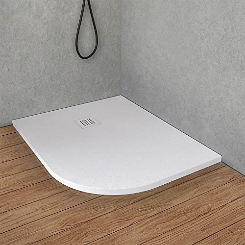 Inbagno Piatto Doccia semicircolare Sinistro 70x90 in Resina Bianco Effetto Pietra, Ultra Slim e Antibatterico, riducibile su Misura, griglia di Scarico Reversibile, Loren