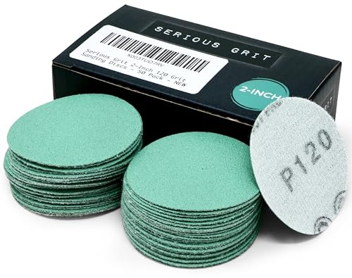 Serious Grit - 50mm P120 Grit Sanding Discs - Hook & Loop Sandpaper - Fits 2 Hook & Loop Sanding Pads Sanders - 50 Pack Box | For Woodturning, Drill Sanders, & More - No-Hole Heavy-Duty Hook & Loop Wet/Dry Film Sandpaper for Wood, Auto Body & Metal