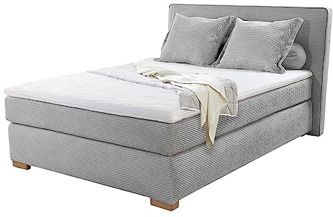 Home4You Boxspringbett - 140 x 200 cm - Hellgrau - Cord - mit 1 Kissenrolle und 2 kleinen Kissen