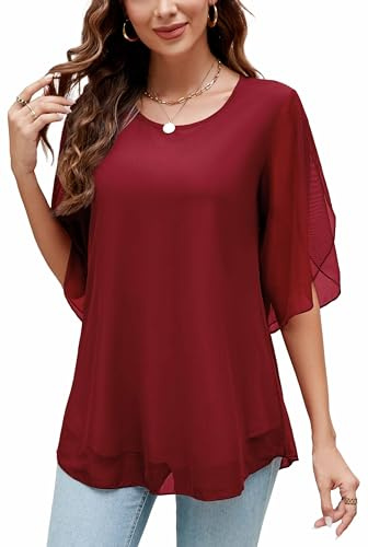 Actcat Damen Rüschen 3/4 Ärmel Mesh Blusen Lose Flowy Tops Stretch Shirts Crinkle blusen Damen Sommer Damenbluse