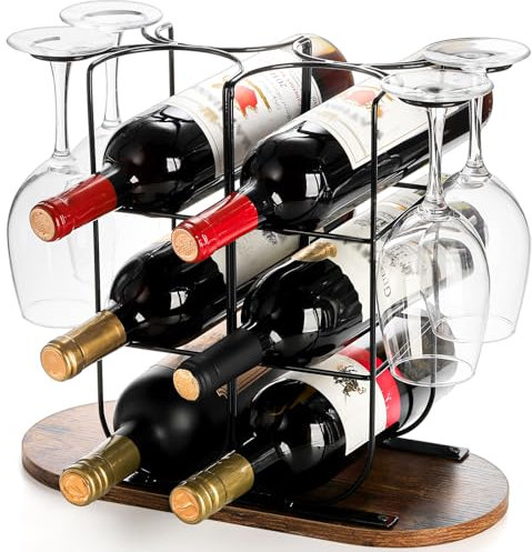 ZEAYEA Tabletop Wood Wine Holder, Countertop Wine Rack for 6 Bottles and 4 Glasses, Free Standing Wine Storage Rack Display Shelf for Home, Kitchen, Bar, Wine Cellar, Cabinet, Pantry