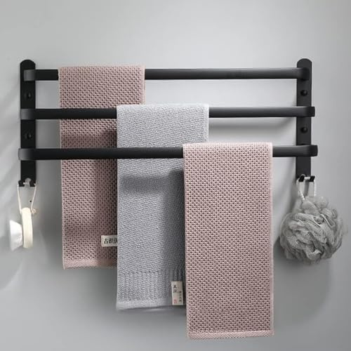 Handtuchhalter Ohne Bohren,Aluminium Selbstklebend Handtuchstange, 3-Stöckig Wandmontage-Handtuchhalter mit Haken,Wasserdicht Badetuch Handtuchregal für Badezimmer,Küche,Toilette (58CM,Matt Schwarz)