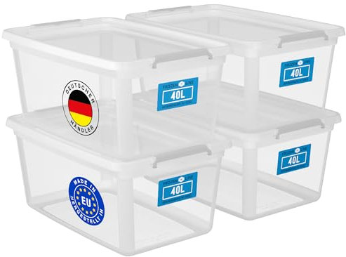 ATHLON TOOLS 4x 40 L Aufbewahrungsboxen mit Deckel, lebensmittelecht - Verschlussclips - 100% Neumaterial Plastik-Box transparent - Kleiderboxen stapelbar